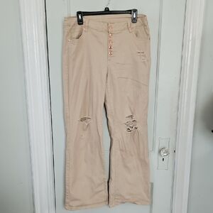 Women's Tan Distressed Wide Leg Stretchy Jeans- XL